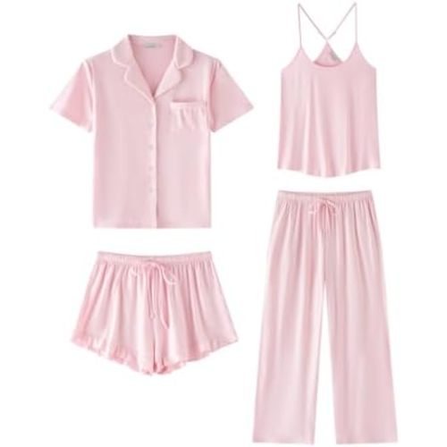 SAPJON Womens Soft Pajama Sets 4 Pcs Button Down Short Sleeve Top and Pants Cami and Ruffle Shorts Pjs Lounge Sets Sleepwear