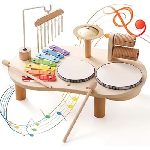 Promise Babe Wooden Musical Instruments for Toddlers 1-3, Percussion Instruments for Kids Baby Drum Set Xylophone, Montessori Educational Musical Toys, Gifts for Girls Boys Ages 3+