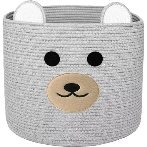 Bear Laundry Baskets Laundry Hamper Storage Basket with Handles,Decorative Basket for Living room,Woven Storage Basket for Toys Bin Pillows Blankets Clothes (Grey)