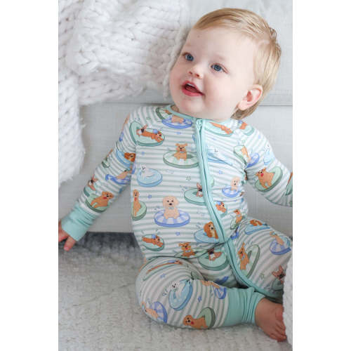 Convertible Zip Romper in Poolside Pups Blue | Caden Lane