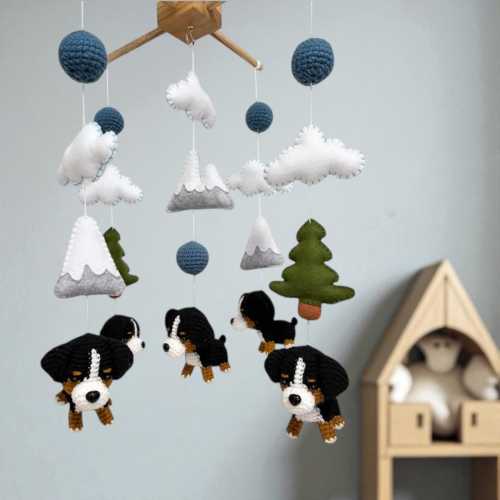 Bernese Mountain Dog with Mountain and Tree Baby Mobile: Nursery Decor