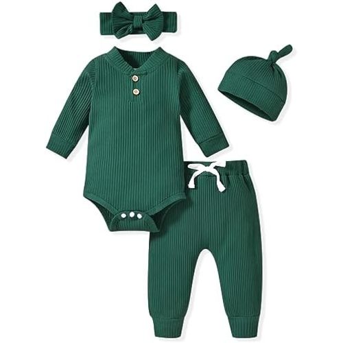 Aalizzwell Gender Neutral Long Sleeve Baby Ribbed Outfit with Hat & Headband