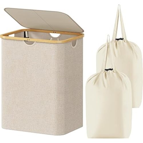 Lifewit 120L Large Laundry Hamper with Lid, Foldable 2 Section Laundry Basket with Bamboo Handles and Removable Bags for Laundry Room, Bathroom, Bedroom, Beige