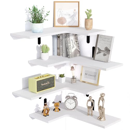 upsimples Corner Floating Shelves Set of 4, Wood Corner Shelf for Wall Decor Storage, Rustic Wall Mounted Storage Shelves for Living Room, Bathroom, Bedroom, Kitchen (White)