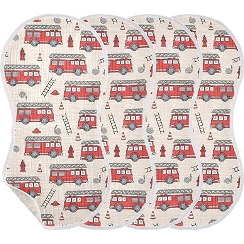 Muslin Burp Cloths for Baby Boys and Girls - 4-Pack Ultra Absorbent Fire Truck Muslin Washcloths, Newborn Towel, Milk Spit Up Rags, Burp Cloth Bib for Unisex, 22 x 11 Inch