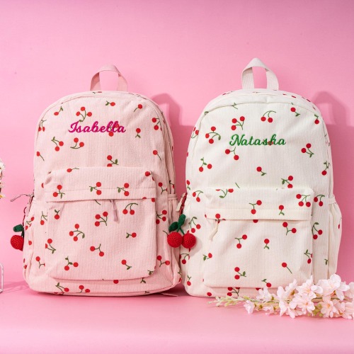Personalized Cherries Corduroy Backpack, Custom Toddler Book Bag, School Bag For Kids, Children's Back With Name