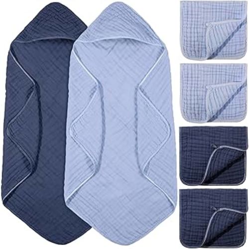 6 Pcs Baby Muslin Hooded Bath Towels and Washcloths, 32 x 32 Inch Muslin Cotton Hooded Baby Towels Absorbent Hooded Blankets for Gift Newborn Infant Shower (Dark Blue,Light Blue)