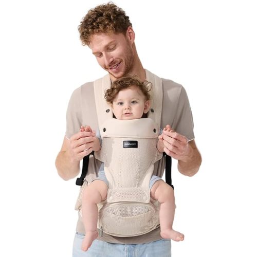 Momcozy Baby Carrier with Hip Seat, 2-in-1 Forward-Facing Carry for Active Babies, Detachable Hands-Free Carrier up to 44lbs, Breathable Infant Carrier Fits Waist Sizes up to 45 Inches, AirMesh Almond
