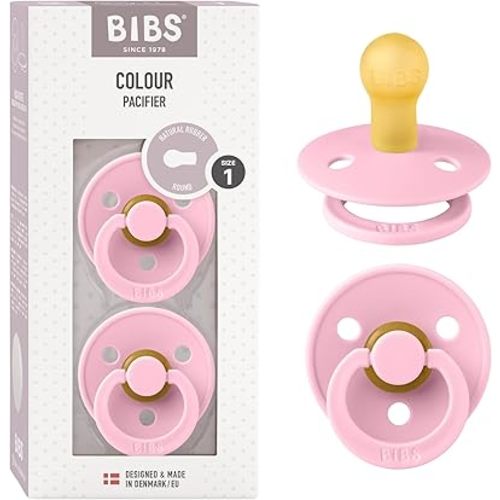 BIBS Pacifiers Colour Collection | Natural Rubber Baby Pacifier | Set of 2 BPA-Free Soothers | Made in Denmark | 0+ Months (Pack of 2) | Baby Pink