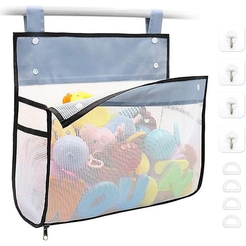 Bath Toy Organizer Multiple Ways to Hang, Extra Large Opening Bathroom Toy Holder, Bottom Zipper Bathtub Toy Storage Bag (Black)
