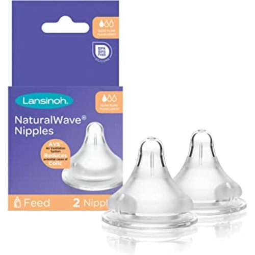 Lansinoh NaturalWave Baby Bottle Nipples, Slow Flow, Size S, Anti-Colic, 2 Count