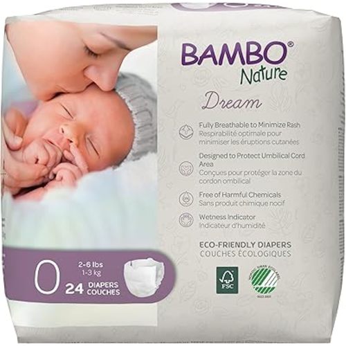 Bambo Nature Hypoallergenic Dream Baby Diapers, Eco-Labeled Sustainable Diapers, Enhanced Leakage Protection, Totally Chlorine-Free, Skin Friendly, and Super Absorbent - Size 0 (24 Count)