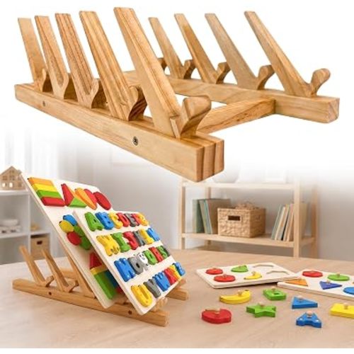 Wooden puzzle rack with a 60° tilt & wide spacing fits odd-size puzzles.