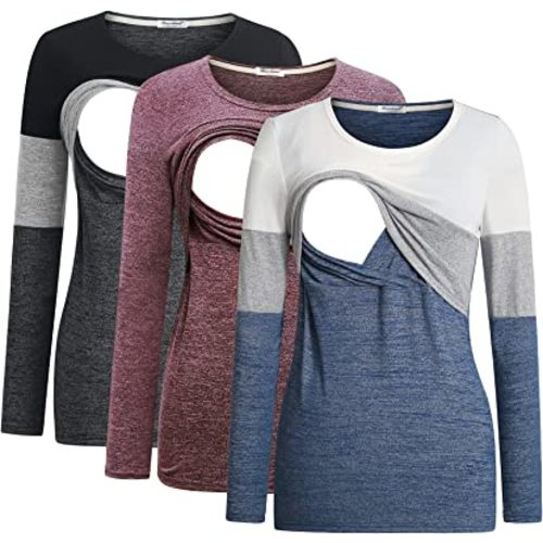 Bearsland Women's 3 Packs Maternity Clothes Long Sleeves Breastfeeding Shirts Nursing Top