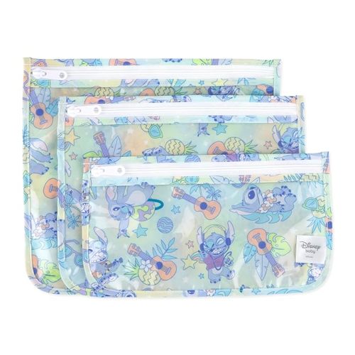 Bumkins Disney Travel Bag, Toiletry, TSA Approved Pouch, Zip Bag, Quart Size Airline Compliant, Clear-Sided, Baby, Diaper Bag Organization, Makeup, Accessories, Packing, Set of 3 Sizes, Aloha Stitch - D2 Stitch