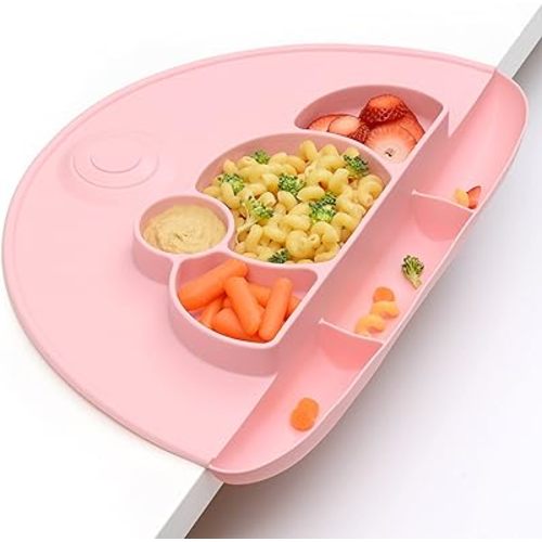 PrimaStella Silicone Placemat for Toddlers - Divided Toddler Plate, Suction Placemat and Food Catcher All-in-one (Soft Pink)