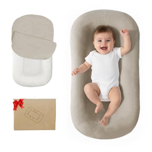 Lucakuins Baby Lounger, Bionic Design Baby Lounger for Newborn 0-24 Months, Soft Organic Cotton Breathable Lounger for Infants (Cream Gray)