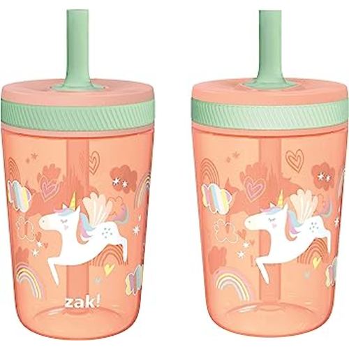 Zak Designs Kelso Tumbler Set 15 oz, (Unicorn) Non-BPA Leak-Proof Screw-On Lid with Straw Made of Durable Plastic and Silicone, Perfect Baby Cup Bundle for Kids (2pc Set)