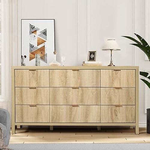 Mid Century Modern Dresser TV Stand, 9 Drawer Dresser for Bedroom Wood, Boho Wooden Storage Cabinet Side Table with Solid Natural Wood Legs, Long Wide Dresser for Living Room (Natural)