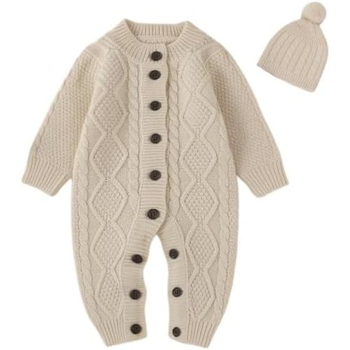 Baby Knit Sweater Romper Newborn Infant Long Sleeve Ribbed Outfit Clothes for Boys Girls with Beanie Hat Set