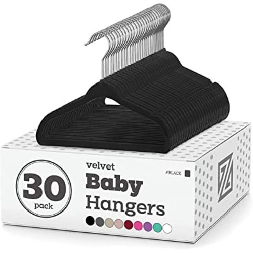 Zober Velvet Baby Hangers for Closet - Pack of 30 Non Slip Toddler Hangers for Shirts, Pants & Dresses w/Swivel Hook - Durable Infant Hangers w/Notches - Small Baby Hangers - Black