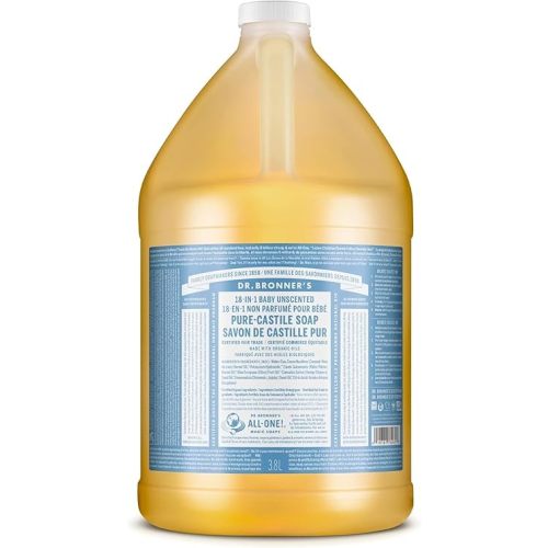 Dr. Bronner’s - Pure-Castile Liquid Soap (Baby Unscented, 1 Gallon) - Made with Organic Oils, 18-in-1 Uses: Face, Hair, Laundry and Dishes, For Sensitive Skin and Babies, No Added Fragrance, Vegan