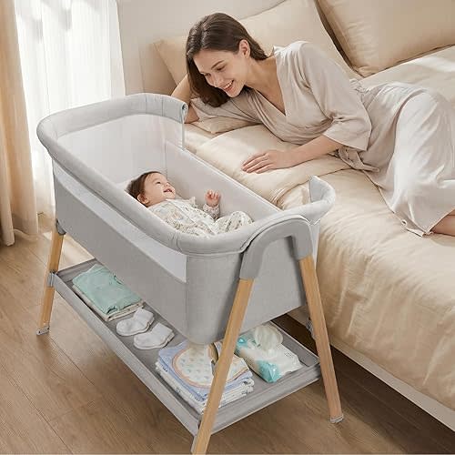 Uuoeebb Baby Bassinet, Bedside Bassinet for Baby, 2-in-1 Bedside Sleeper with Mattress, Half-Mesh Breathable Design, 4 Auto-Lock Wheels, Storage Basket, Easy Assembly (Grey)