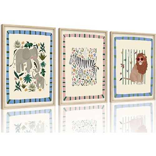 Safari Animals Nursery Canvas Wall Art Elephants Lions and Zebras Picture Wall Decor Colorful Jungle Wild Animals Wildflowers Painting Poster Print Artwork for Babys Kids Boys Girls Room, Unframed
