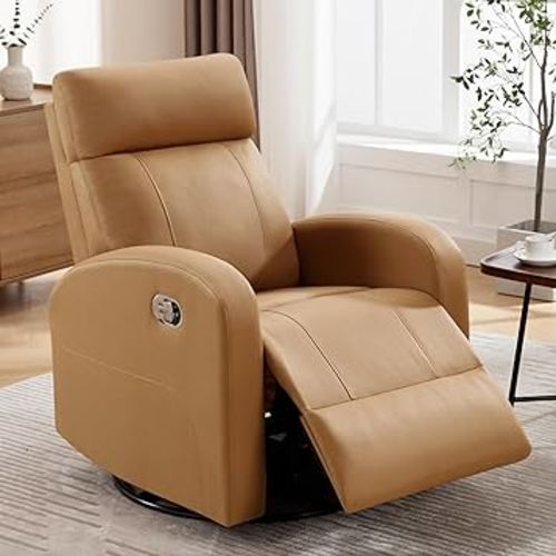 Swivel Rocker Recliner Chair, Manual Glider Rocking Recliner Chair, 360° Nursery Recliners Swivel Reclining Chair with Pu Leather/Headrest/Highback, Brown