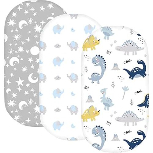 Plushii Bassinet Sheets 3 Pack for Baby Boys, 32"x16" Extra Soft Stretchy Fitted Microfiber Bassinet Mattress Sheets, Universal Fit for Oval Rectangle Hourglass Cradle, Dinosaur