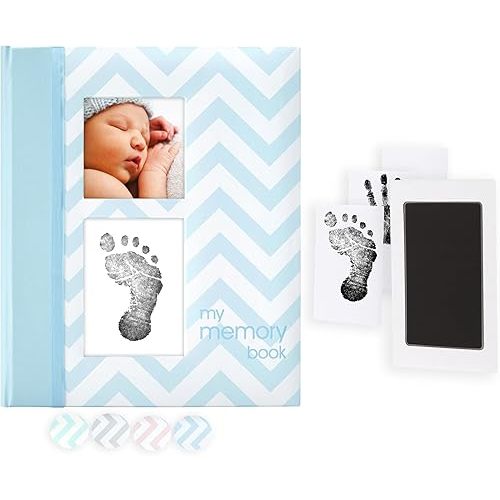 Pearhead Baby Memory Book, First 5 Years Baby Milestone Book, Pregnancy Journal, Gender Neutral Newborn Keepsake, With Clean-Touch Ink Pad For Baby's Handprint or Footprint, Blue Chevron