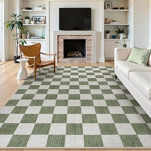 LIVEBOX 8x10 Area Rugs for Living Room, Checkered Non-Slip Washable Rugs, Farmhouse Neutral Classic Geometric Large Boys Area Rug for Bedroom, Carpet for Living Dining Room Office(Green,8'x10')