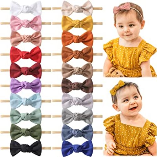 jollybows 20PCS 3.2" Baby Girls Linen Headbands Hair Bows Stretchy Nylon Hairbands for Newborn Infant Toddler Hair Accessories