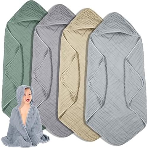 Peryiter 4 Pcs Muslin Hooded Baby Towels, 32"x 32" Cotton Newborn Bath Towel Muslin Infant Baby Blankets Absorbent Unisex Newborn Registry Gift Essentials for Girls Boys (Green,Gray,Brown,Blue)
