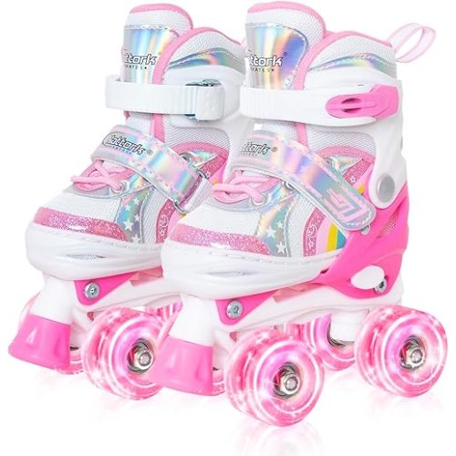 Nattork Girls Roller Skates for Kids, 4 Size Adjustable Rainbow Quad Skates with All Light Up Wheels - Best Birthday Gift for Outdoor Sports