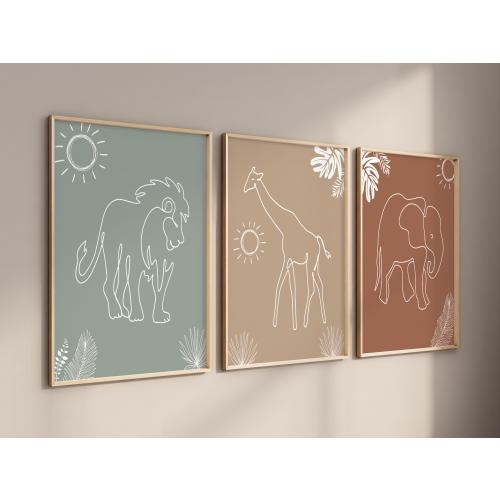 Boho Safari Animal Line Art Prints, Nursery Decor Set of 3