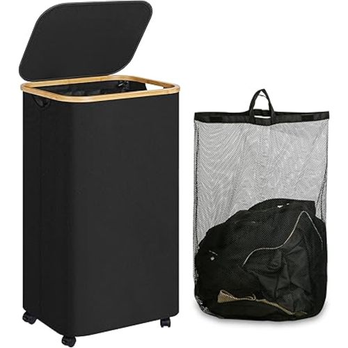 Laundry Basket with Wheels, 110L Black Clothes Hamper for Laundry, Laundry Hamper with Lid and Inner Bag, for Laundry Room, Bedroom, Dormitory Storage,Black