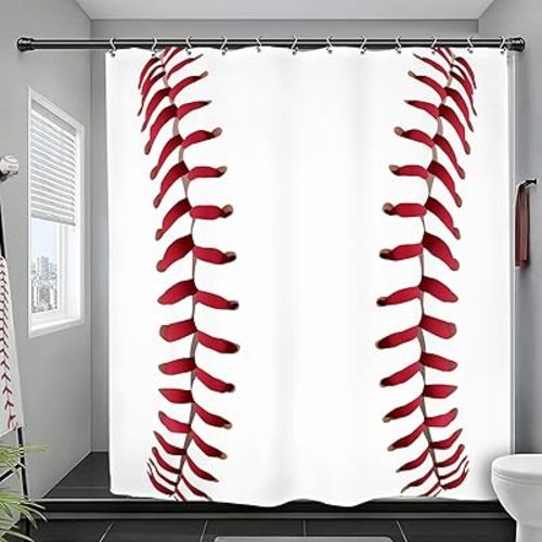 Yookeb Baseball Sports Bathroom Shower Curtain 60W by 71H Inch Teen Boys Cool Red White Kids Man Polyester Fabric 12 Plastic Hooks Waterproof Decor