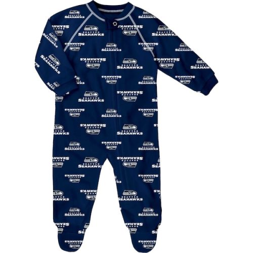 Newborn & Infant Seattle Seahawks Navy Allover Print Raglan Full-Zip Sleeper