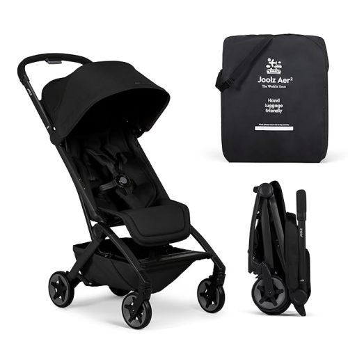 Joolz Aer2 Lightweight Travel Stroller for Baby & Toddler – One-Hand Fold, Compact Carry-On Airplane Approved, Reclining Seat, UPF 50+ Canopy, Travel Pouch, Baby Net – Space Black