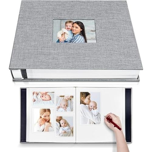 Large Photo Album Self Adhesive with Picture Display Window, DIY Scrapbook Album for 4x6 8x10 Pictures, 40 Pages Linen Cover Memory Book with Scraper and Metallic Pen(Grey)