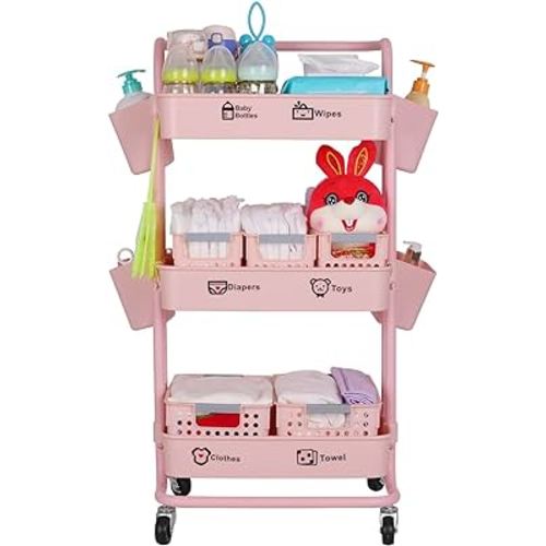 JOLEAD Baby Diaper Caddy Organizer, Movable Diaper Cart Newborn Nursery Essentials Diapers Storage Cart for Changing Tables, Easy to Assemble, Pink