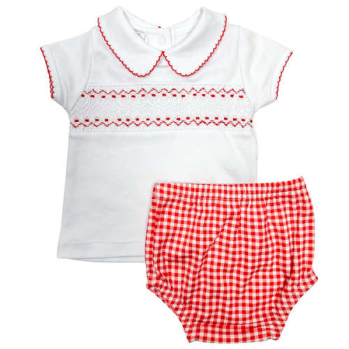 Red Minichecks Smocked Short Sleeve Diaper Cover Set