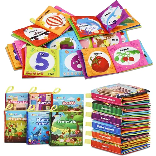 Dr.Rapeti Soft Cloth Books Baby Books Bath Books 6-Pack for Baby Infant Toddler Kids Crinkle Squeaky Washable Chewable Non-Toxic Early Educational Giftable