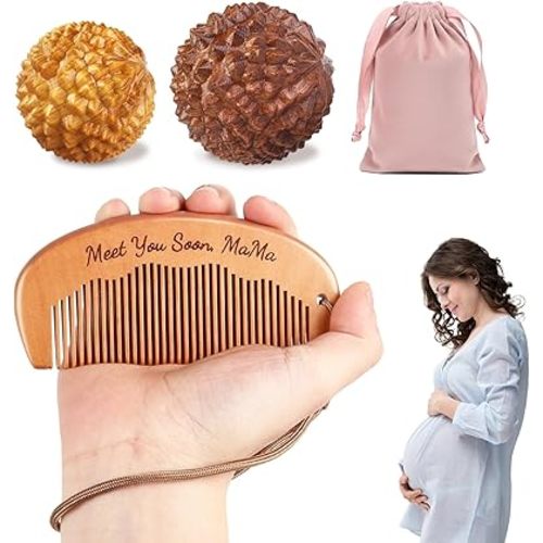 Labor and Massage Ball for Labor Pain, Wooden Birthing Comb with 2 PCS Acupressure Balls Set for Moms Pain Relief, Pregnancy Hospital Bag Essentials for Pregnant Women