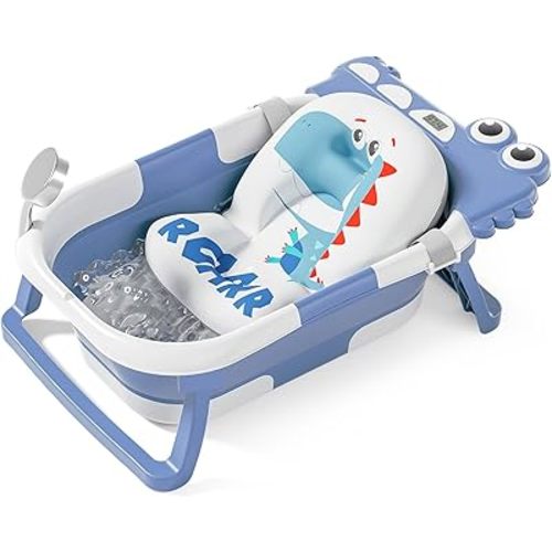 TPN Collapsible Baby Bathtub for Infants to Toddler with Real-time Temp Monitor+Floating Cushion,Foldable Baby Bath Tub Set Applicable 0-36 Month,Perfect Portable Travel Baby Tub for Newborns Boy