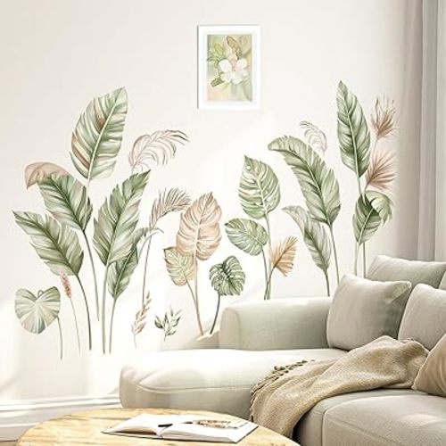wondever Boho Palm Leaves Wall Stickers Tropical Green Plants Peel and Stick Wall Art Decals for Living Room Bedroom TV Background