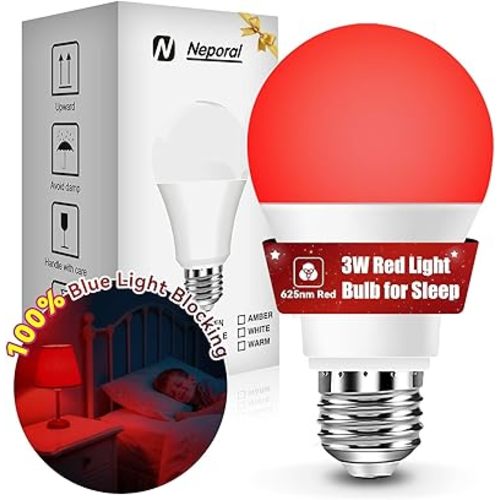 Neporal 625nm Red Light Bulbs for Sleep 3W, 100% Blue Light Blocking Light Bulbs for Melatonin Promoting, A19 LED 40W Equivalent Dim Red Night Light Bulb for Baby Nursery, Sleeping, Reading, 1-Pack