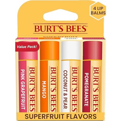 Burt's Bees Lip Balm Stocking Stuffers, Moisturizing Lip Care Christmas Gifts, SuperFruit - Pomegranate, Coconut & Pear, Mango, Pink Grapefruit, Natural Origin Treatment (4-Pack)