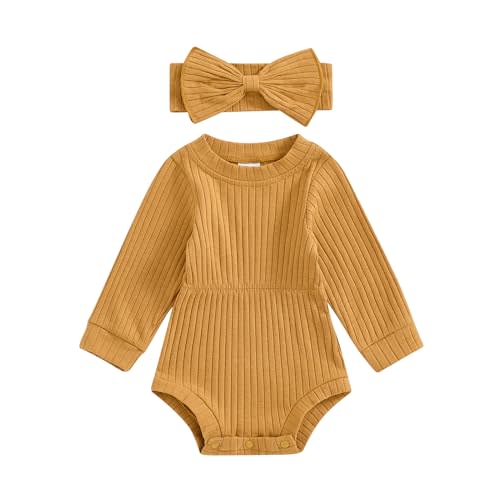 Karwuiio Newborn Baby Girl Fall Outfits Long Sleeve Ribbed Knit Jumpsuit Romper with Headband Infant Clothes Sets